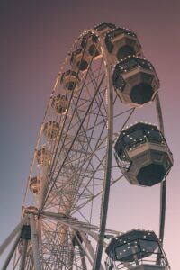 A low-angle view of a towering Ferris wheel against a serene sunset sky in Bournemouth.